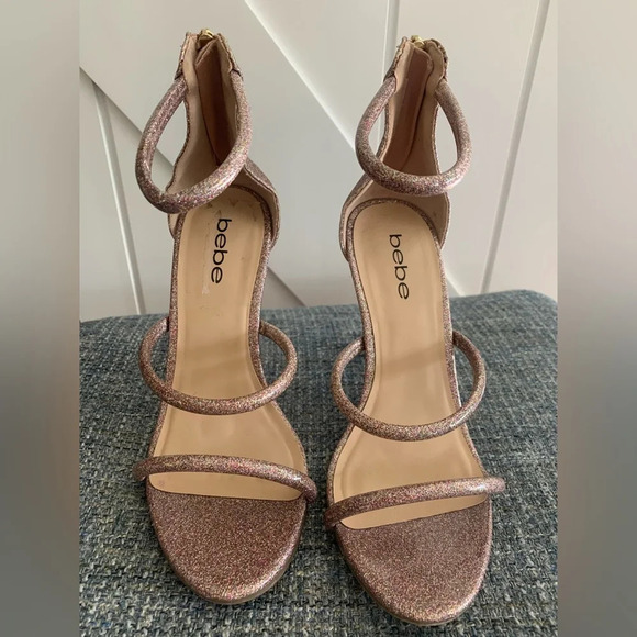 7.5 Bebe Berdine Womens Strappy Textured Dress Sandals, Pink/Rose Gold Glitter - Picture 1 of 7